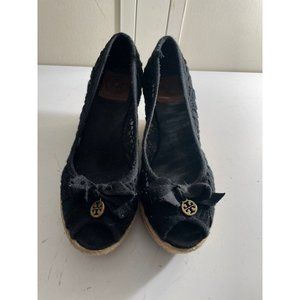 Tory Burch Womens Black Slip On Wedge Heel Ballet Flats Size 7.5 B